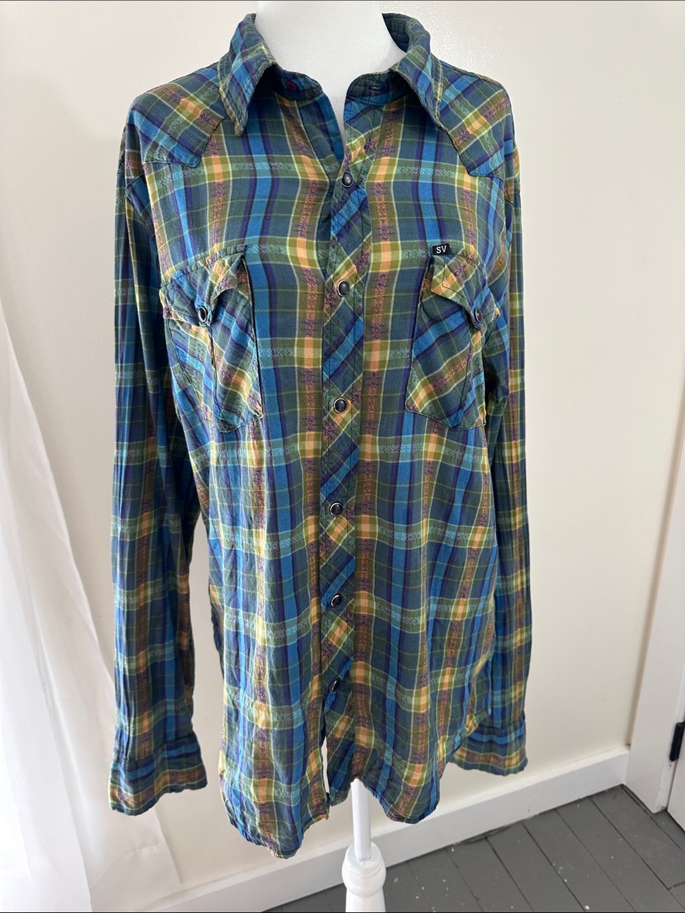 Salt Valley Western Casual Plaid Button-Down Shirt — Green & Blue